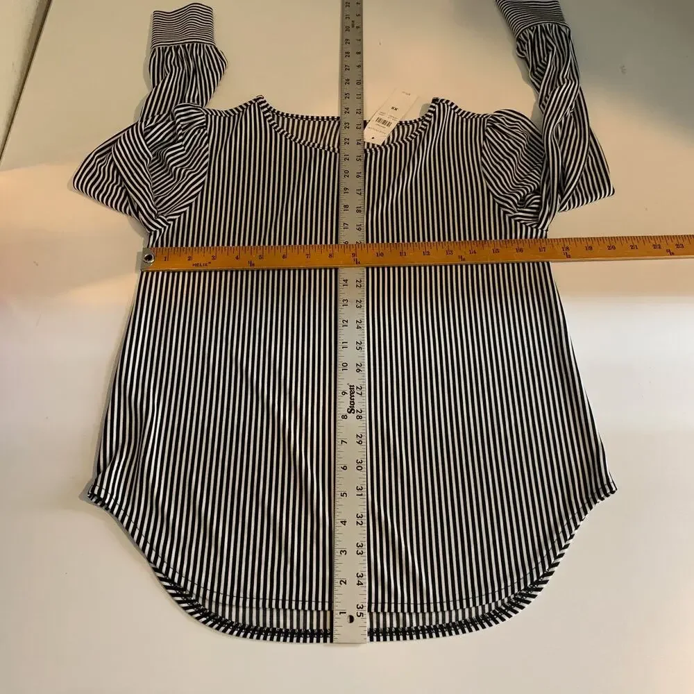Ann Taylor Top Women XS Extra Small White Black Striped Long Sleeve Button Cuff